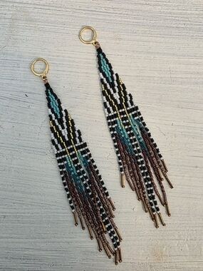 Handmade Teal, Black & White Seed Bead Feather Earrings